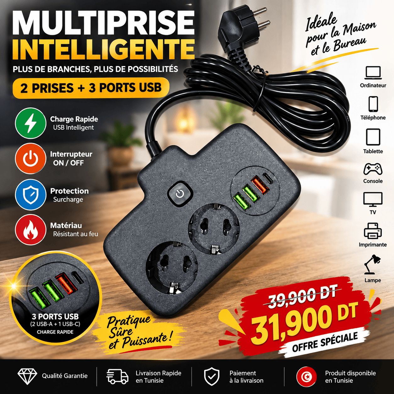 Multiprise Électrique 2 Prises + 3 Ports USB +1 USB-C – Interrupteur ON/OFF