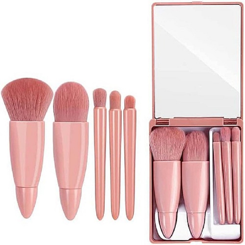 Set de Pinceaux de Maquillage 5 Pièces avec Miroir – Kit Beauté Compact de Voyage – Image 2