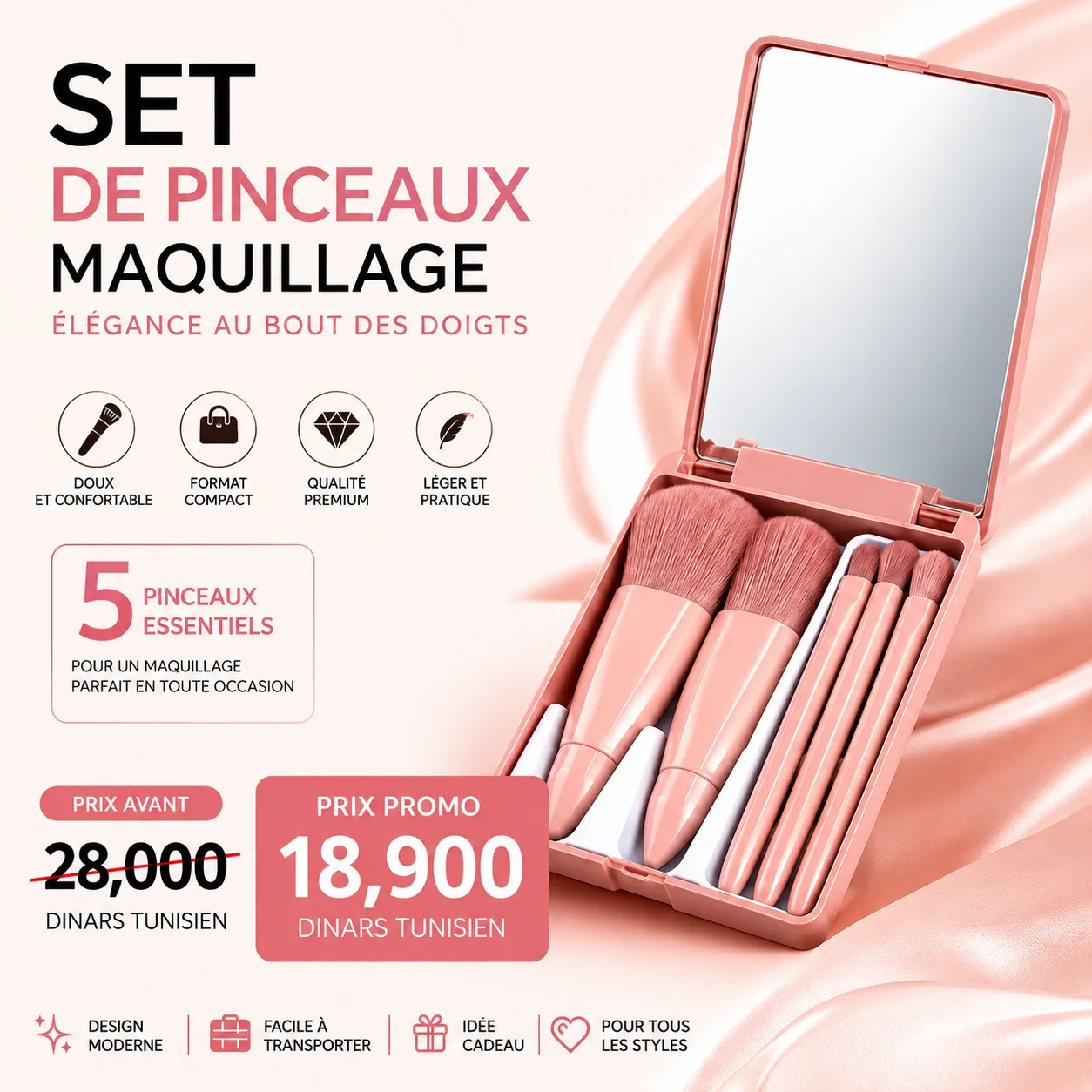 Set de Pinceaux de Maquillage 5 Pièces avec Miroir – Kit Beauté Compact de Voyage