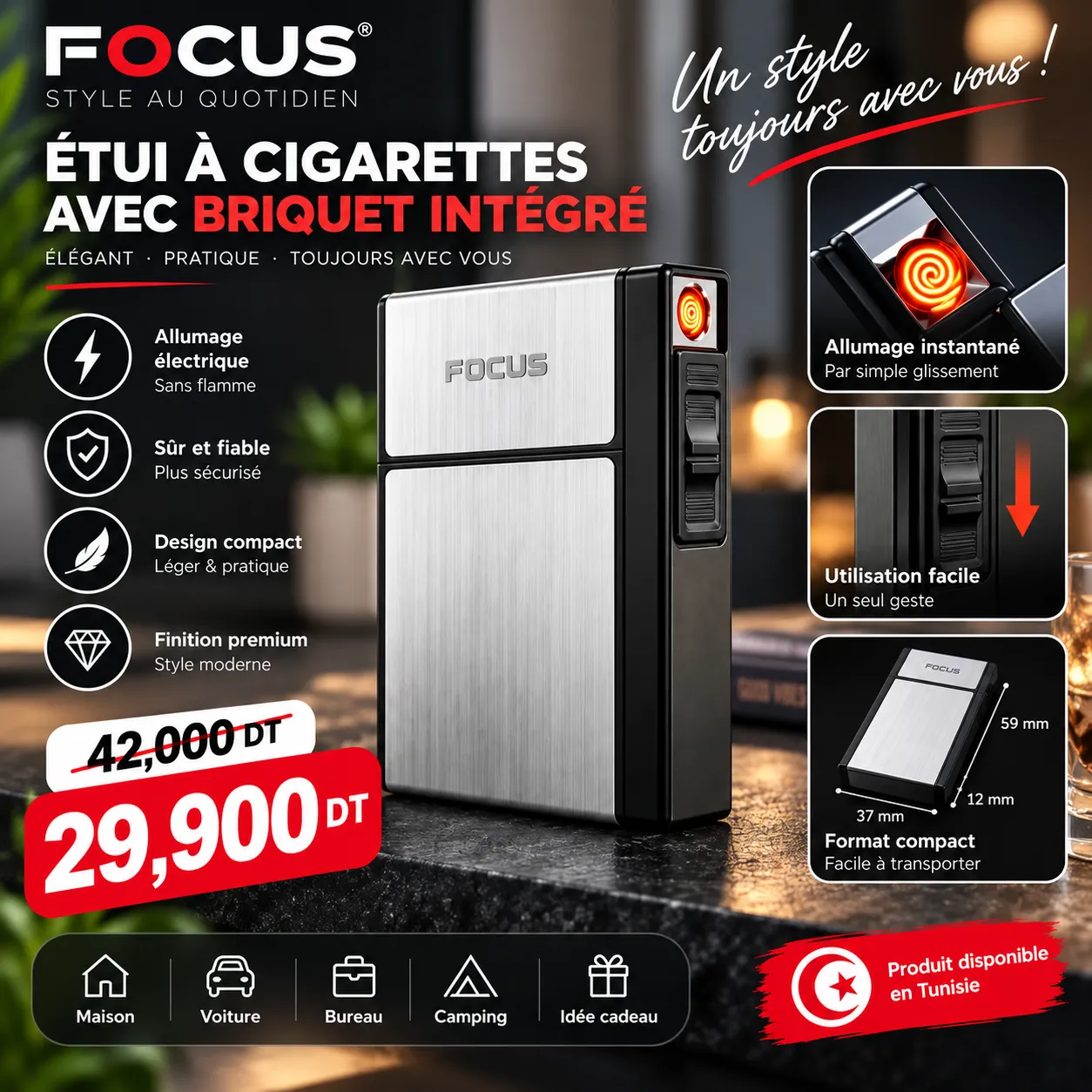 Briquet Électrique FOCUS – Étui Élégant avec Briquet Intégré