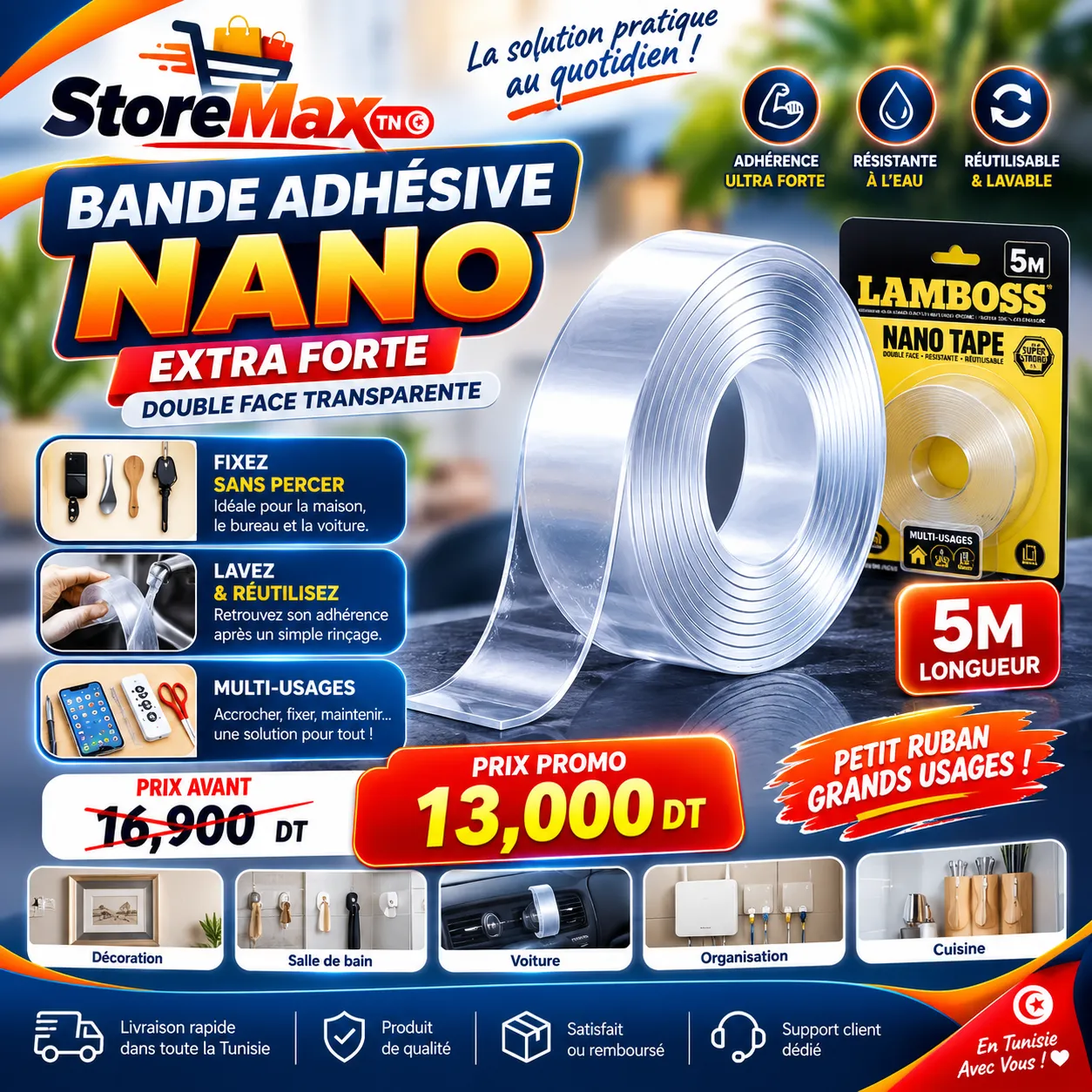 Bande Adhésive Double Face Nano Lamboss 5M – Transparente, Réutilisable & Ultra Résistante