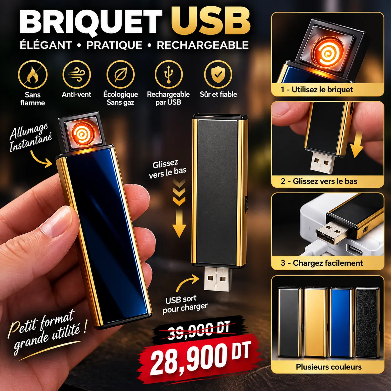 Briquet USB Rechargeable Sans Gaz – Électrique Anti-Vent
