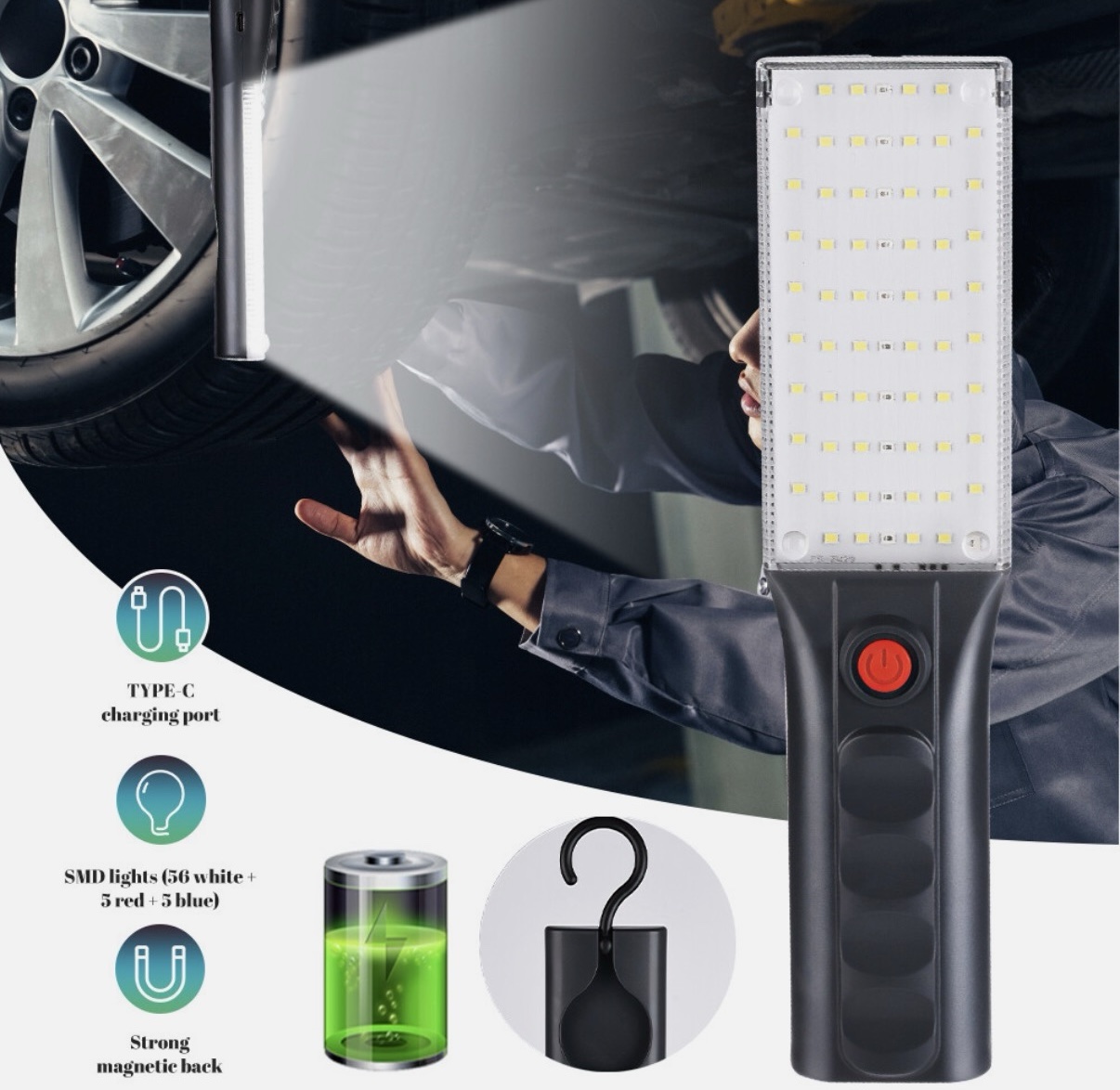 Lampe LED de Travail Rechargeable USB-C Magnétique avec Crochet Rotatif – Image 3